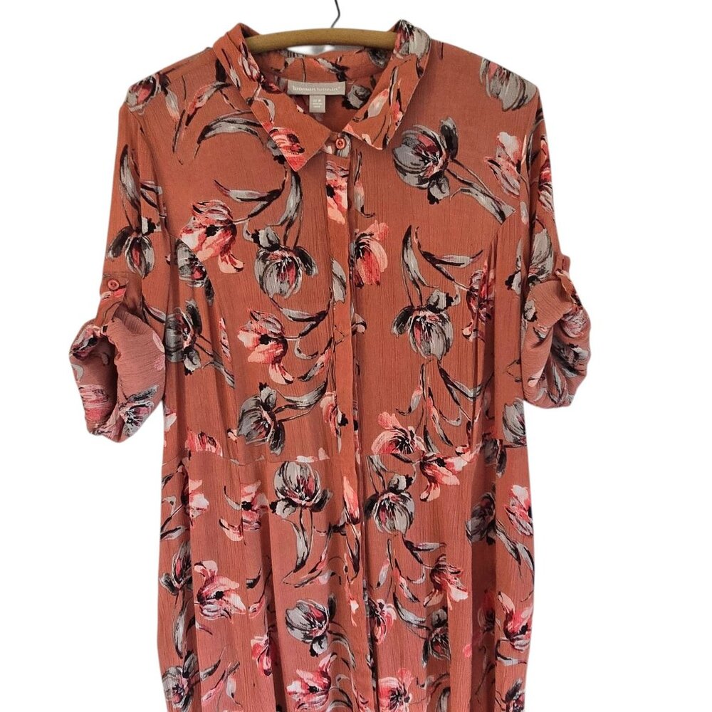 Woman Within Dark Peach Floral Print Dress 22W Roll Tab Sleeves Button Front - Picture 7 of 14